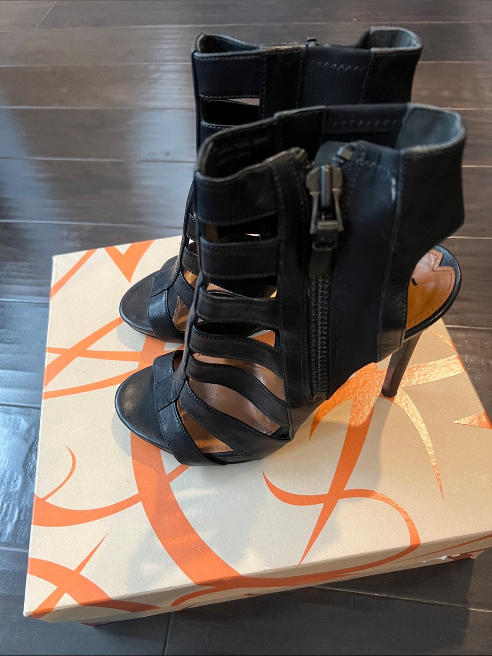 Via Spiga Women's Black Strappy Peep-Toe High Heel Booties. Worn one time.